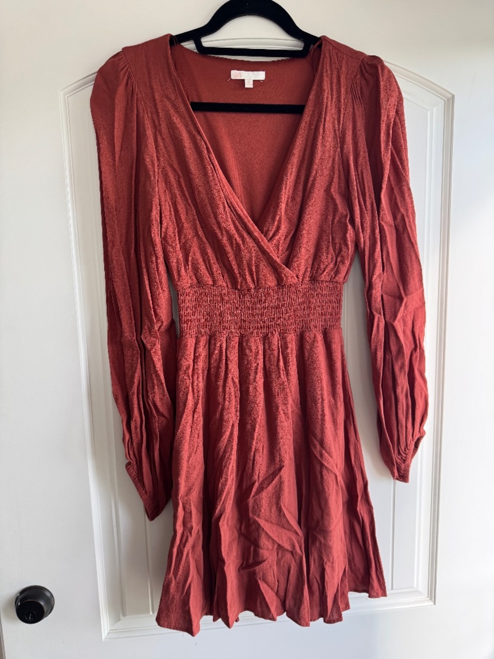 Rustic GB Pumpkin Orange Short Plunge Mini Dress w/ balloon sleeves M
